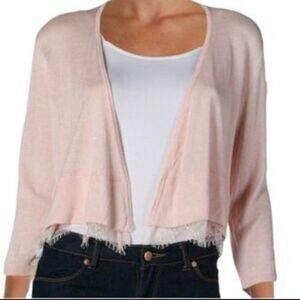 Tommy Hilfiger Women L Open Front Cardigan Pink Scalloped Lace Hem Sweater Boho
